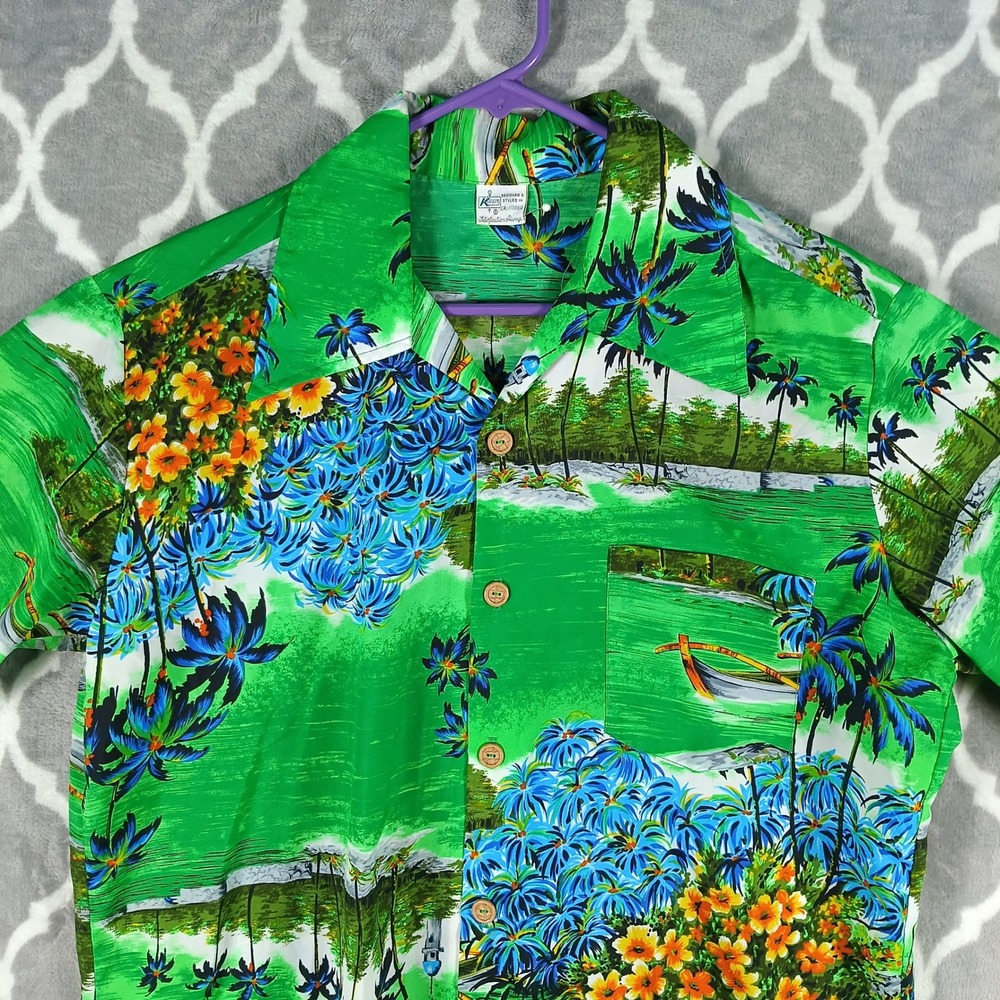 Vintage 70s Kmart Hawaiian Shirt Men XL Green Dagger Collar Tiki Aloha MCM